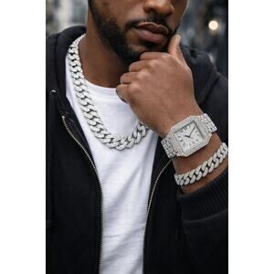 Men’s 3-Piece Iced Out Cuban Link Chain, Bracelet and Watch Set